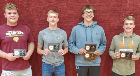 Webster Area boys track and field athletes hold up their end of season awards. From left Gage Miotke was awarded most improved, Henry Witt was awarded most valuable runner, Jeron McCreary was awarded most valuable for field events and Mike Bartos award for most valuable overall, Martin Dorsett was awarded hardest worker. Reporter &amp; Farmer | subscriber snapshot