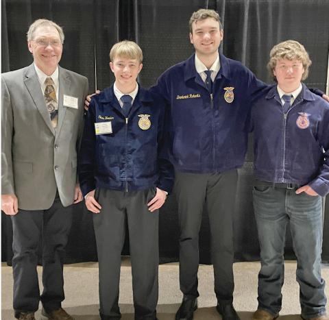 From left, coach Fred Zenk is pictured with Webster FFA team of Tevin Howder, Dylan Carlson and Brayden Aadland who competed at the National Range Judging Event May 2 near El Reno, OK. The South Dakota team placed 13th at the event. While in Oklahoma City the teams toured the National Bombing Site Museum and the National Cowboy and Western Heritage Museum. Reporter &amp; Farmer | Subscriber snapshot