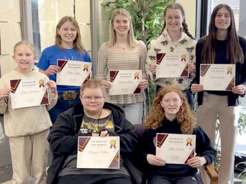 Webster Area Middle School and High School students of the month for February by grade, from left, are seated, 10th Maryjane Matthews and seventh Kalli Holman; standing, sixth Henlie Hendrickson, 11th Bryn Sippel, 12th Madison Block, ninth Anna Wagner and eighth Avery Kvernevig. Reporter &amp; Farmer | Subscriber snapshot