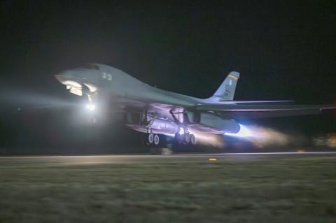 A B-1B Lancer from Ellsworth Air Force Base, South Dakota, takes off the runway at Dyess Air Force Base, Texas, Feb. 1, 2024. Reporter &amp; Farmer | Senior Airman Leon Redfern
