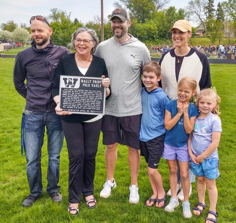 Members of the late Wally Pribyl’s family attended a dedication ceremony of the pole vault pit at the Webster Area Sports Complex May 16. Pictured from left are Wally Pribyl’s son Todd Pribyl, wife Kathy Pribyl, son Sam Pribyl and his wife Mary and their three children Tommy, Bridget and Elizabeth. Reporter &amp; Farmer |Suscriber snapshot