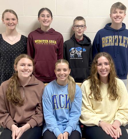 Webster Area Middle and High School students of the month for April were named. Pictured, by grade, from left are, front, 11th Karli Sannes, 10th Kenley Grewe, 12th Erin Sannes; back, eighth Sophia Wilson, seventh Avery Kvernevig, sixth Easton Ermer and ninth Jackson Baumgarn. Reporter &amp; Farmer | Subscriber snapshot