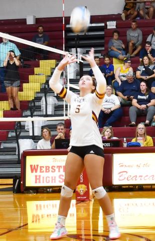 Harley Johnson looks to set up her teammates as Webster Area volleyball took on Great Plains Lutheran Aug. 27. Webster Area would ultimately lose the contest in four sets. Reporter &amp; Farmer | Brenner Cariveau
