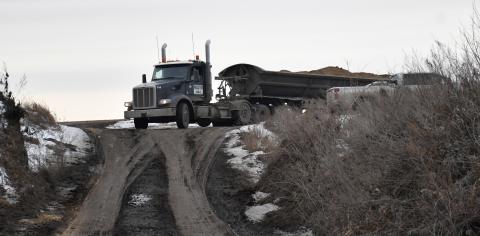 Fill dirt is coming from south of Webster along SD Highway 25 for the Webster Area School demolition project going on now. Here, a loaded truck pulls out of the pit Jan. 8. Reporter &amp; Farmer | Connor Handrahan