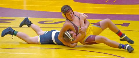 Webster Area boys wrestling team competed at the Webster Holiday Tournament Jan. 4 at the armory. Here, Webster wrestler Lennox Rumpca attempts to reposition as he has his opponent in a headlock. Reporter &amp; Farmer | Brenner Cariveau