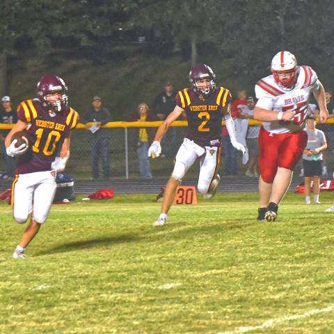Webster Area Bearcats faced off against Britton-Hecla Sept. 5 and took a hard loss, Bearcats finished the game 22-59. Here, Bennett Kuecker scores the last touchdown of the night as Gabriel Gaikowski helps keep defenders off of him. Reporter &amp; Farmer | Connor Handrahan