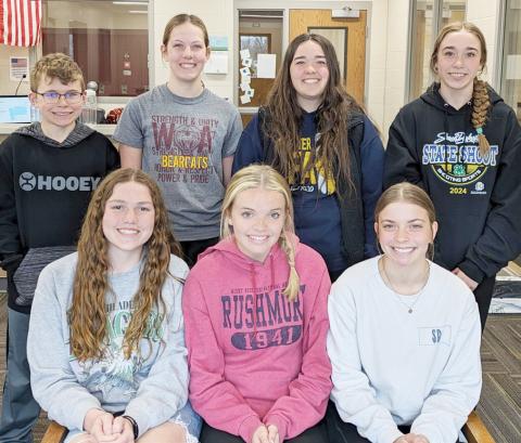 Webster Area Middle and High School students of the month for April, by grade, from left are front, 10th Karli Sannes, 11th Abby Vander Linden, ninth Kenley Grewe; back, sixth Cane Bjerke, seventh Samantha Ermer, 12th Joslyn Haugen and eighth Macee McGregor. Reporter &amp; Farmer | Subscriber snapshot