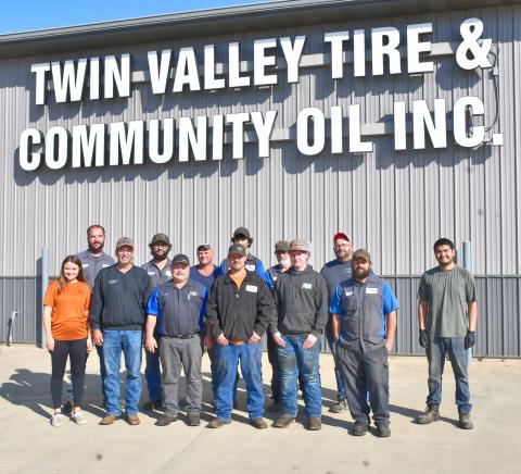 Twin Valley Tire &amp; Community Oil Inc. employees are, from front left, Brianna Smith, co-owner Danny Kjos, store manager Dennis Bremmon, employees AJ Meland, Levi Anderson, Jake Johnson and Anthony Fuentes. Back row, from left, are Curtis Reiprich, Cullan Dargatz, Chad Wasilk, Noah Duenwald, Tim Bent and Jamie Miotke. Not pictured is Abby Carlson.