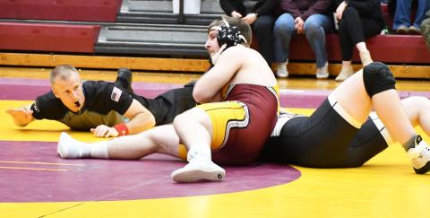 Bearcats wrestling hosted the Webster Area Triangular Jan. 30 at the amory. Here, Matthew Angiolelli holds his opponent in a headlock. Reporter &amp; Farmer | Brenner Cariveau