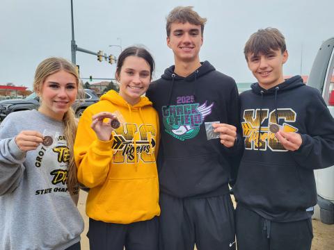 Groton Area cross country runners, from left, Reyelle Gilbert, Kella Tracy, Jayden Schwan and Riley Schellenberger qualified for the SDHSAA Class A meet in Huron Oct. 25. Reporter &amp; Farmer | Subscriber snapshot