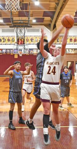 Webster Area Bearcat McKoy Pereboom goes up for a basket inside the paint Jan. 7 against Tiospa Zina. Pereboom contributed six points to the Bearcat’s score of 78 for the night versus the Wambdi’s 38. Reporter &amp; Farmer | Brenner Cariveau