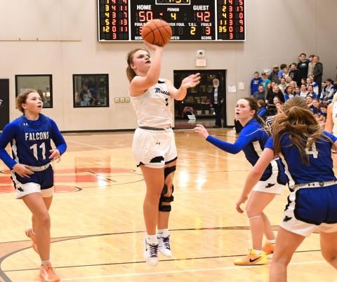 Peyton Rumpza (1) of Waubay/Summit puts up a shot during the Mustang’s 52-47 victory over Florence/Henry Falcons Dec. 15 in Summit. With the victory Waubay/ Summit moved to a record of 2-0 to start the season. Reporter &amp; Farmer | Robert Dulitz