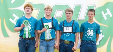 Senior goat showmanship placers at the Day County Fair Aug, 8 are, from left, grand champion Delaney Atherton, reserve champion Michael Dorsett, third place Martin Dorsett and fourth place Knute Hemmingson. Reporter &amp; Farmer | Leyton Beardslee