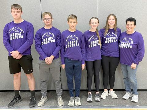 Waubay-Summit Mustang 2024 cross country team are left Nolan Thuringer, Jayven Maag, Carsyn Grebner, Paisley Maag, Avery Bronson and Head Coach Susan Zirbel.
