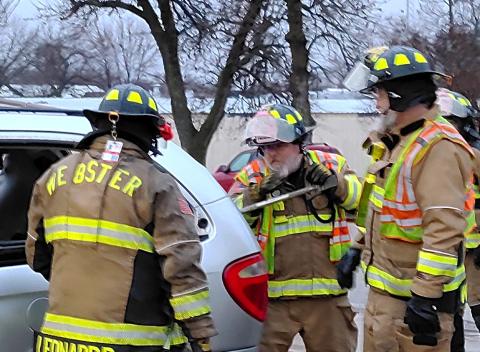 Members of the Webster Volunteer Fire Department underwent a training session April 8, using a wrecked vehicle donated by Bill Price to practice extrication exercises. From left is Leonard Deibert, Eric Kwasniewski and Wes Hoven. Reporter &amp; Farmer | Subscriber snapshot