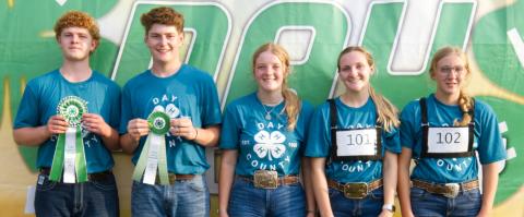 Senior swine showmanship placers at the Day County Fair Aug. 8 are, from left, grand champion Delaney Atherton, reserve champion Caleb Gaikowski, third place Mackenzie Atherton, fourth place Allison Meland and fifth place Brooke Meland. Reporter &amp; Farmer | Leyton Beardslee
