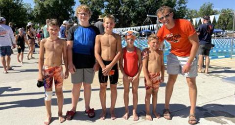 Webster Tigerfish attended the State A swim meet in Rapid City July 24-26. Five swimmers from Webster competed. From left, are Jonathan Fosheim, Casen Fish, Landen Lee, Corinne Olson, Harrison Fosheim and Coach Gavin Sannes. Reporter &amp; Farmer | Subscriber snapshot