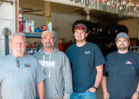 Standing inside Horter’s Farm and Ranch Supply, from left, is staff member Tim Geist, owner John Horter, store manager Brayden Peterson and mechanic Ryan Elder. Not pictured is delivery driver Brad Cowan.
