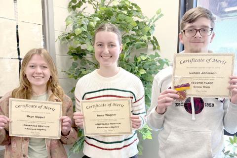 Webster Area High School took 47 students and placed third of 16 schools competing in the NSU Math Contest April 15. Total students testing in each category were 84 in Elementary Algebra, 85 in Geometry, 80 in Advanced Algebra and 58 in Senior Math. Pictured from left are honorable mention recipients Bryn Sippel-Advanced Algebra, Anna Wagner-Elementary Algebra and Lukas Johnson who placed second in Senior Math after a tie breaker. Reporter &amp; Farmer | Subscriber snapshot