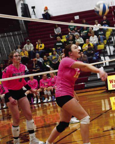 Webster Area Bearcats volleyball faced off against Northwestern Wildcats Oct. 14. Here, Karli Sannes (12) attempts to hit the ball to set up a play for her teammates as Northwestern player Ashley Haven (4) watches in anticipation. Ultimately, the Bearcats lost in three sets. Reporter &amp; Farmer | Brenner Cariveau