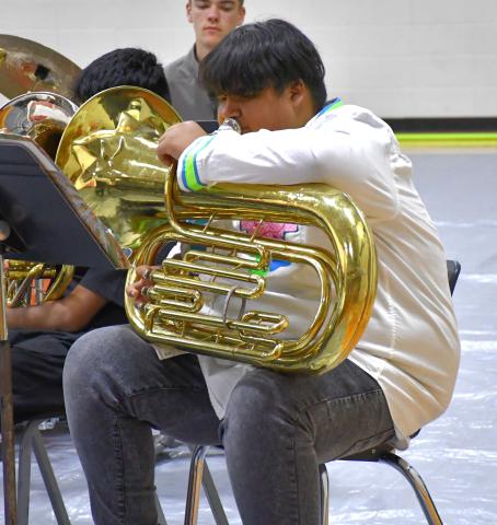 Kirwin Roberts plays the tuba during the band’s performance April 24. Waubay School welcomed the public to their music concert where middle and high schoolers performed classic musical pieces. Reporter &amp; Farmer | Connor Handrahan