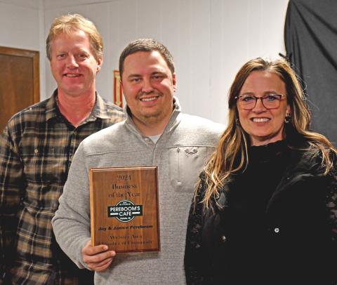 Pereboom’s Cafe was awarded the Webster Area Chamber of Commerce Business of the Year during that organization’s annual meeting Jan. 20. Pictured are Jay Pereboom with outgoing chamber president Eric Hanson and Janice Pereboom. Reporter &amp; Farmer | Amanda Dulitz