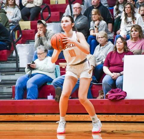 Georgia Vergeldt (10) of Webster Area attempts a three-pointer during their 46-33 win against Leola/Frederick Titans Feb. 14 at Webster Armory. Vergeldt led the offense for the Bearcats with 14 points and four rebounds. Reporter &amp; Farmer | Leyton Beardslee