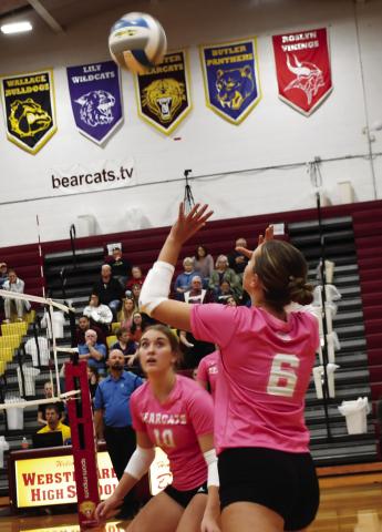 Allison Case (6) attempts to set up her teammates as the Webster Area Bearcats faced off against the Milbank Bulldogs Oct. 1. at the armory. The Bearcats won the match in four sets. Also pictured is Mallory Steiner (10). Reporter &amp; Farmer | Brenner Cariveau