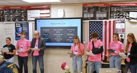 Webster Area Robocats team gives a presentation Nov. 16 to community members giving a breakdown of the time and fundraising invested into their club. Robocats members are, from left, Jocelyn Rumpca, Jackson Baumgarn, Grady Wagner, Kenley Grewe, Gavon Larson, Marlee Dornbusch and Kala Kwasniewski. Reporter & Farmer | Connor Handrahan