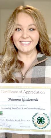 Brianna Gaikowski received the outstanding alumni award in appreciation of her support of Day County 4-H. Reporter &amp; Farmer | Subscriber snapshot