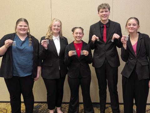 Webster Area School students competing at the region oral interp competition Nov. 19 and advancing to state in Reader’s Theater are, from left, Kelsey Fischer, Courtney Simonson, Jocelyn Rumpca, Blaize Larson and Marlee Dornbusch. Rumpca will also compete in Serious and Larson in Humorous. State Oral Interp is Dec. 6-7 at Sturgis High School. Reporter &amp; Farmer | Subscriber snapshot