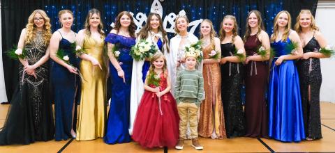 Webster Snow Queen event took place Nov. 22 in the Webster Area High School gymnasium. Participants are, from left, Delilah Buxton, Julie Lesnar, second runner-up Alivia Kuecker, first runner-up LJ Mays, Snow Queen Josie Spiering, junior Snow Queen Remi Hubsch, first runner-up Ayla Bloom, second runner-up Lucy Eidahl, Samantha Ermer, Claire Halverson and Hannah Sonstebo. Front, from left, are snow princess Blakely Hanson and snow prince Grayson Kuecker. Reporter &amp; Farmer | Leyton Beardslee