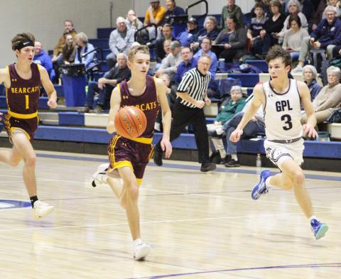 Seth Lesnar (3) rushes down the court with his teammate Blaize Amdahl (1) trailing behind him as Great Plains Lutheran defender Brody Scharlemann (3) attempts to cut off Lesnar’s route during the Feb. 4 matchup between the Bearcats and the Panthers. Webster Area lost 45-59. Reporter &amp; Farmer | Subscriber Snapshot