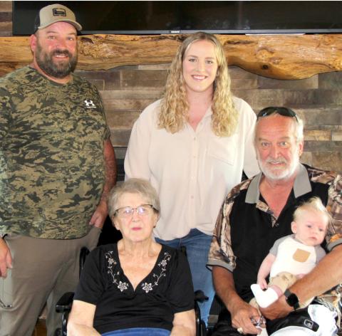 Five generations of the Koslowski family enjoyed getting together. Seated in front are great-great-grandmother Carol Koslowski, great-grandfather Dave Koslowski holding Boden Weber; standing, grandfather Jesse Koslowski and mother Cheyanne Weber. Reporter &amp; Farmer | Subscriber snapshot