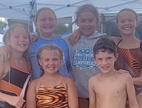 Area swimmers competing in the state B swimming championships, their place and respective category are from left, front, Aaliyah Lone 13th girls 9-10, Jonathan Fosheim first boys eight and under; back, Hadley Rithmiller 17th girls 11-12, Karley Lone 24th girls 11-12, Keisha Rencountre fifth girls 9-10 and Portlyn Johnson 29th girls 11-12. Reporter &amp; Farmer | Subscriber snapshot