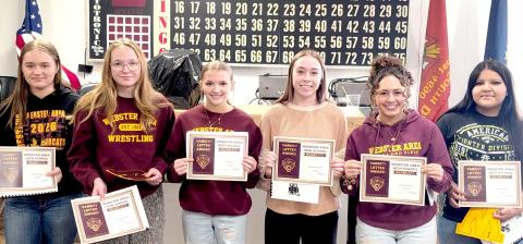 Webster Area School Bearcat wrestling awards were presented March 29. Pictured from left are varsity letter recipients Claire Torrence, most improved; Claire Halvorson, coaches award; Abbi Mays, Macee McGregor, hardest worker (most wins, pins, takedowns, escapes, near falls, tech falls-tie); Jocelyn Rumpca, most valuable (most tech falls-tie and reversals) and Cante Williams. Reporter &amp; Farmer | Subscriber snapshot