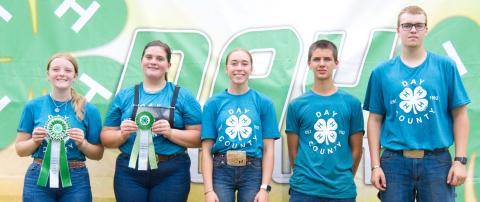 Senior sheep showmanship placers at the Day County Fair Aug. 8 are, from left, grand champion Mackenzie Atherton, reserve champion Adaline Larson, third place Macee McGregor, fourth place Knute Hemmingson and fifth place Blaise McGregor. Reporter &amp; Farmer | Leyton Beardslee