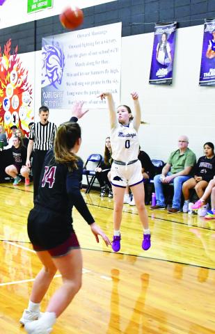 Waubay-Summit girls basketball hosted the Aberdeen Christian Knights Jan. 23 which resulted in a 42-18 Mustangs victory. Here, Brianna Lindholm (0) attempts a three pointer while Aberdeen Christian defender Sophia Eichler (14) closes out on her shot. Reporter &amp; Farmer | Brenner Cariveau