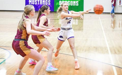 Kayce Berger (14) of Waubay/Summit fires a pass to the corner during the Mustangs 64-24 win against Langford Area Lions Feb. 2 in Waubay. The victory brought Waubay/Summit to a record of 13-2 on the season. Reporter &amp; Farmer | Rob Dulitz