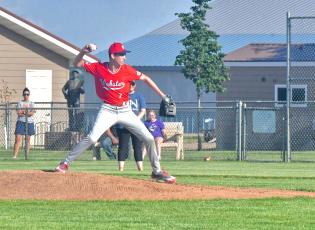 Hudson Lesnar starts on the mound during Webster’s game against Lake Norden June 5. Lesnar allowed four hits and six runs over his four innings of pitching and his pitching helped the team secure a 16-6 victory for the first game of the night. Reporter &amp; Farmer | Connor Handrahan