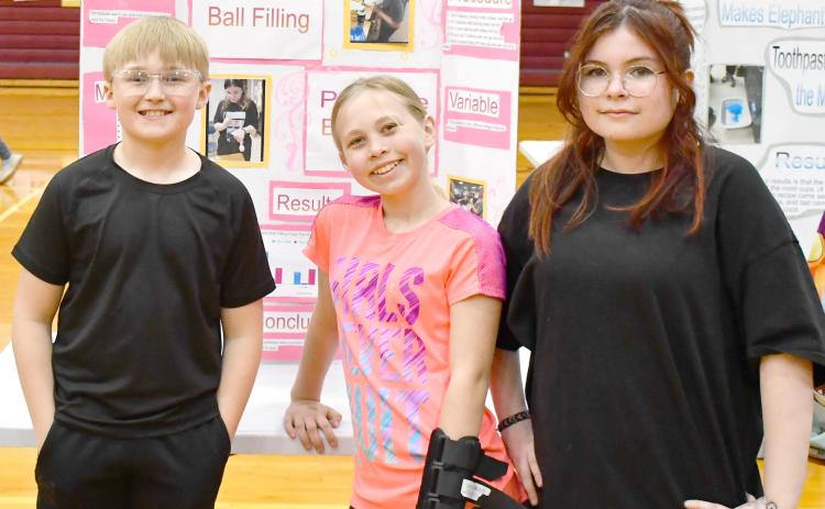 After the Webster Area Elementary wax museum the fifth grade class showcased their science fair projects. Here, Fred Bloom, Areia Lesnar and Italia Dorian did the research to find out what is in a stress ball. Each team did a different item to research. Reporter &amp; Farmer | Jess Washenberger