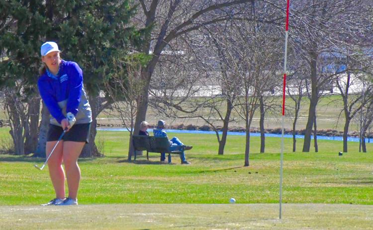 Mustang golfer Sage Gaikowski has a beautiful chip to set herself up for an easy putt during the Webster Area Invitational April 21. Gaikowski took first place at this meet with a score of 84. Reporter &amp; Farmer | Connor Handrahan