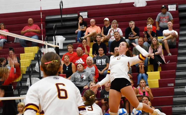 Erin Sannes attempts to spike the ball in the Webster Area Bearcats contest against the Sisseton Redmen Sept. 17. Also pictured here, are (6) Allison Case and (3) Harley Johnson. Reporter &amp; Farmer | Brenner Cariveau