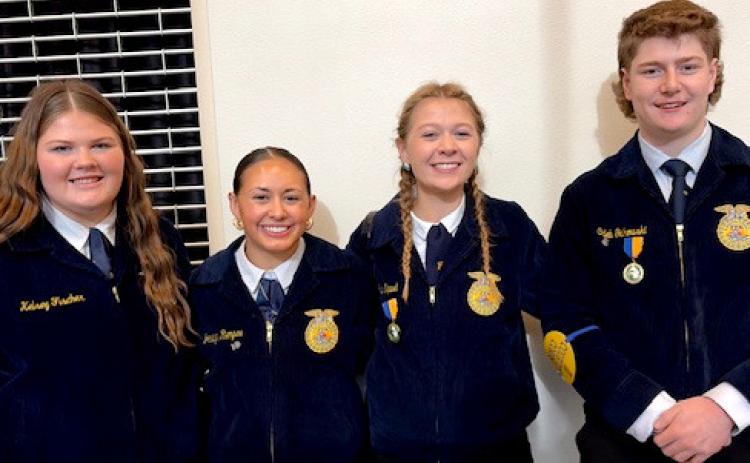 Webster FFA members competed at State Leadership Development Events (LDE) Convention in Box Elder Dec. 7-8. Pictured from left are Kelsey Fischer, 14th in employment skills; Jocelyn Rumpca, eighth in extemporaneous speaking; Bryn Sippel, 14th in extemporaneous speaking and Caleb Gaikowski, 13th in ag broadcasting. Reporter &amp; Farmer | Subscriber snapshot