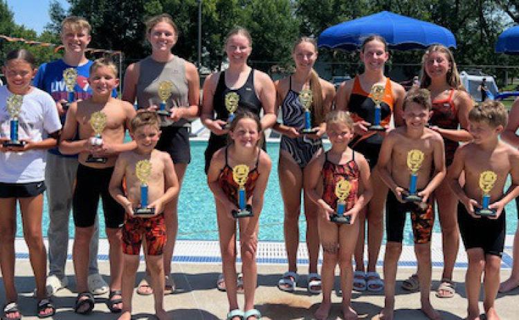 Webster swim team trophy winners from the Webster High Point meet June 27-- 28 at the Webster, are from front left, Portlyn Johnson, Keisha Rencountre, Landen Lee, Harrison Fosheim, Libby Huggett, Bella Ewing, Jonathan Fosheim and Hunter Nelson. From back left is Jackson Baumgarn, Karli Sannes, Callie Shoemaker, Emari Kaufman, Samantha Ermer, Remi Hubsch and Casen Fish. Reporter &amp; Farmer |