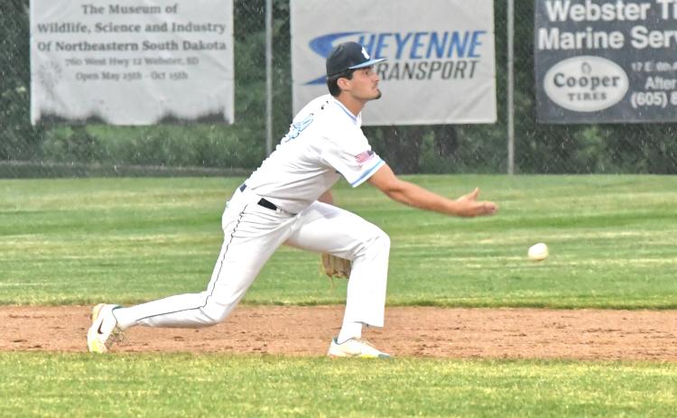 Webster Post 40 played against Britton Lumberjacks July 2. It was a rainy night in Webster and the game was eventually called at the bottom of the fourth inning. Here, shortstop Jack Shoemaker gets a grounder and tosses it to second base to secure the out. Reporter &amp; Farmer | Connor Handrahan