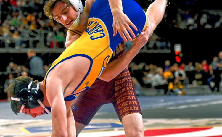 Haeden Jorgenson of Webster Area Bearcats dumps Shane Sehr of Canton during their quarterfinal match at SDHSAA Boys State Championships Feb. 26-28 in Sioux Falls. Jorgenson won the match by fall in 0:59 and went