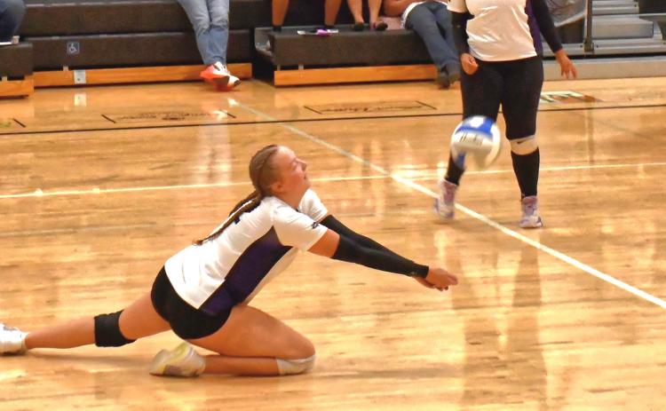 Waubay Mustangs faced off against Ipswich Sept. 3. Mustangs still have not lost a set and their solid defense plays a a big hand in it. Here, Mackenzie Zubke makes a diving save to prevent Ipswich from taking an early lead during the second set. Reporter &amp; Farmer | Connor Handrahan
