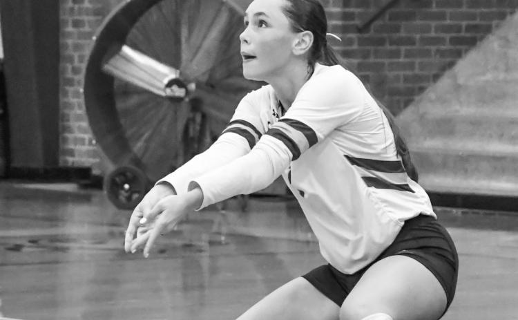 Jayden Lorensberg (1) of Webster Area receives a hit during the Bearcats 0-3 match loss against Warner Monarchs at Webster Armory Sept. 2. Reporter &amp; Farmer | Leyton Beardslee