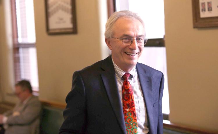 Sen. Lee Schoenbeck, R-Watertown, walks back to his Senate office in the state Capitol during the 2024 legislative session. Reporter &amp; Farmer | Joshua Haiar for South Dakota Searchlight